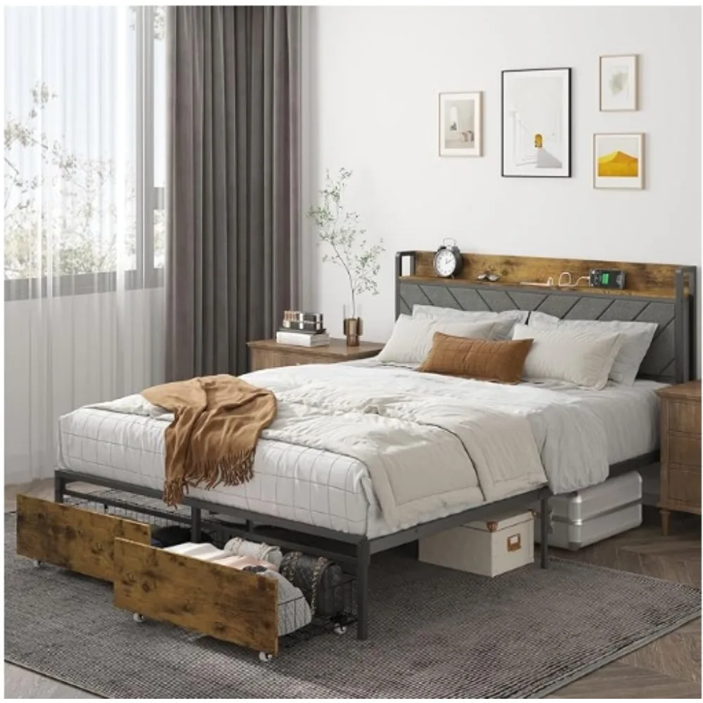 Bed Frame with Storage Headboard, Platform Bed with Drawers and Charging Station, No Box Spring Needed, Easy Assembly.