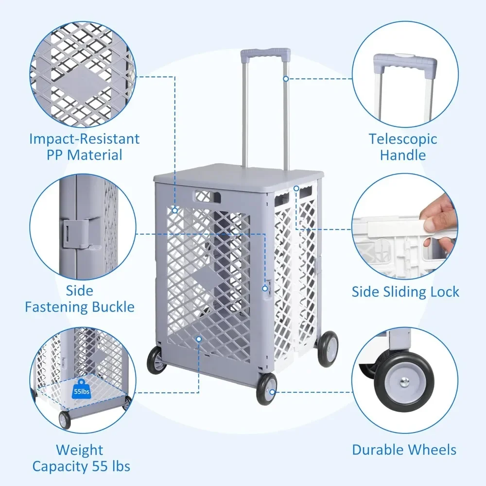 Foldable Utility Rolling Crate with lid Wheels, Portable Shopping Cart with Durable Heavy Duty Telescopic Handle, Rolling Carts