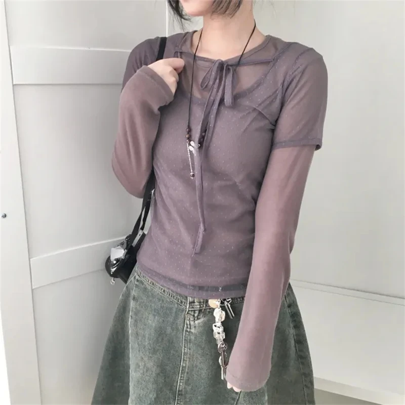 Korean Sle Sweet Fit ort Sve Lace Top with Bow Dry Dot Pattern for Young Women Polyester Fiber round Ne Summer