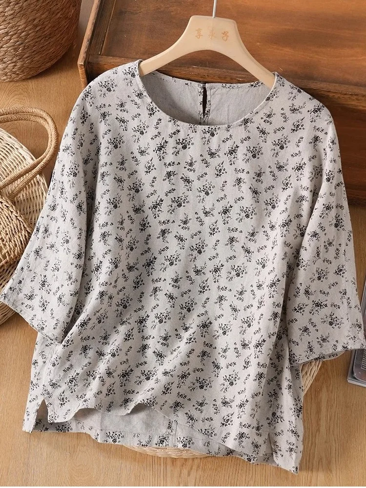 Bloemen katoen linnen T-shirt bedrukt 7/8 Sve groot formaat artistiek retro ontwerp eenvoudige top dames zomer vrijetijdskleding