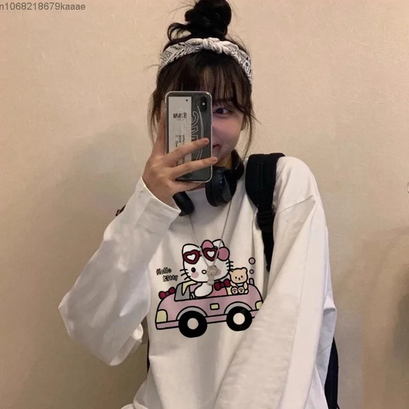 Hello Kitty Cute Cartoon Printed Cotton Long Sleeve T-shirt Korean Version Loose Tees Women's Trendy Round Neck Versatile Top