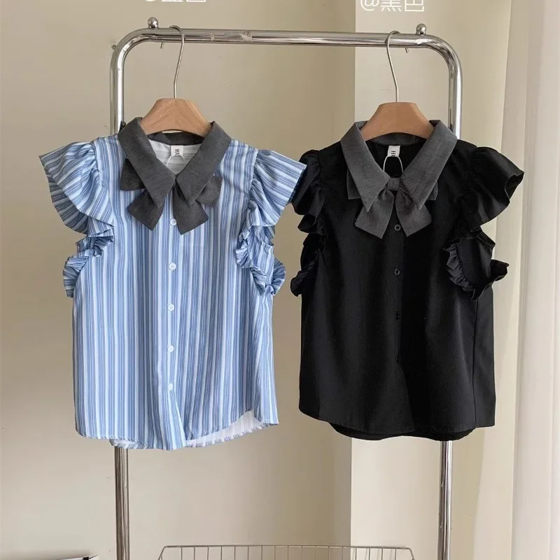 Academy Sweet Stripe Shirt Cake Skirt Two Piece Set Women Flying Sleeves Bow Splice Korean Fashion Lapel Slim Summer Spicy Suit