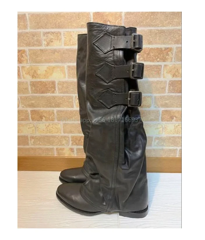 Outside Low Heel Design Buckle Leather Knight Boots Lady Round Toe Pleated Knee High Boots Biker 2024 Gladiator Women Punk Shoes