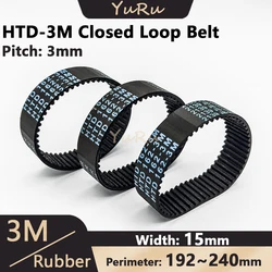 HTD-3M Rubber Timing Belt Width 15mm Closed Loop Length 192 195 198 201 204 207 210 213 225 228 240mm HTD3M Synchronous Belt 3M