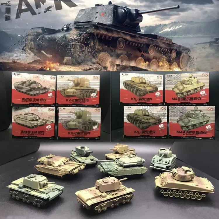 8PCS 1:72 4D Assemble Tank Model 3th Generation Sherman Challenger DIY Puzzle Plastic Assembly Free Assemble Military Model