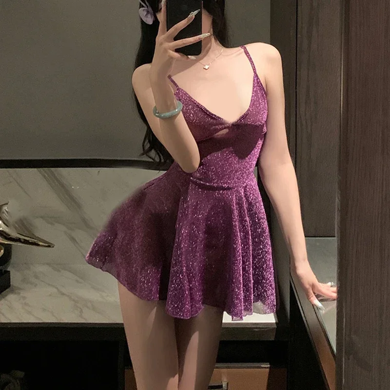 

Nightclub Shiny A-line Mini Dress Female Sexy Uniform Party V-neck Nightdress