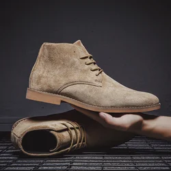 British Style Brown Men's Chelsea Boots Retro Lace Up Suede Boots Men Pointed-toe Leather Casual Ankle Boots Men botas masculino