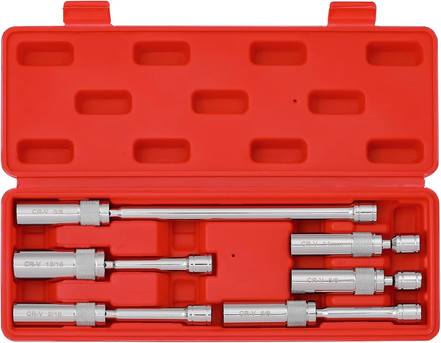 

Набор из 6 магнитных тонкостенных съемников свечей зажигания с шарнирным соединением, привод 3/8 дюйма, 12-гранные, тонкостенные 1 мм, размеры: 14 мм, 9/16 дюйма, 5/8 дюйма, 13/16 дюйма