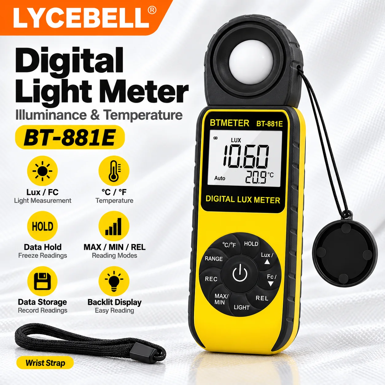 HoldPeak 881E Illuminance Meter 0.1Lux Resolution Temp °C/°F 33 Records Backlight for Indoor Lighting