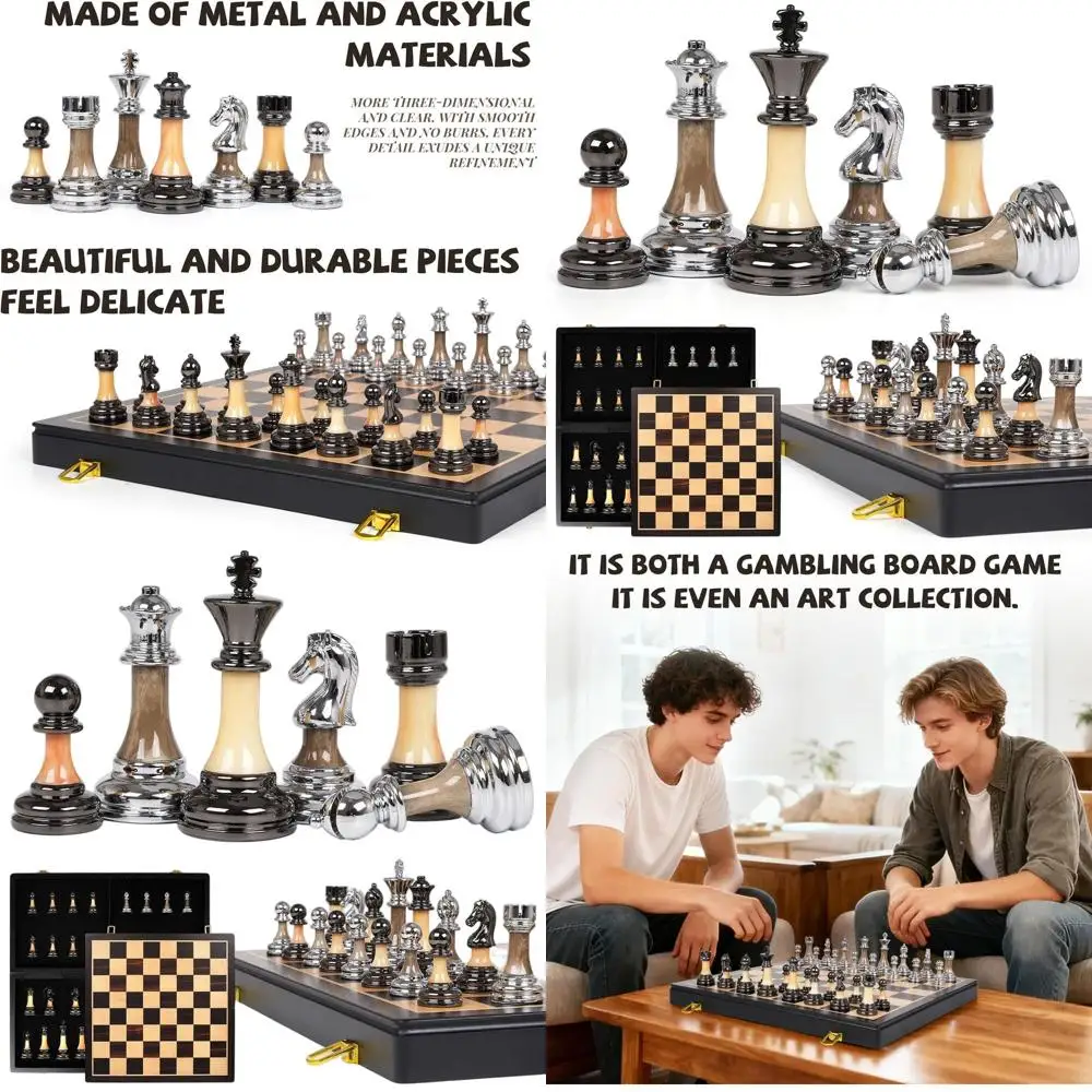 

Elegant 17 Foldable Chess Set: Weighted Metal & Acrylic Pieces, 3.5 King, Wooden Board for All Ages