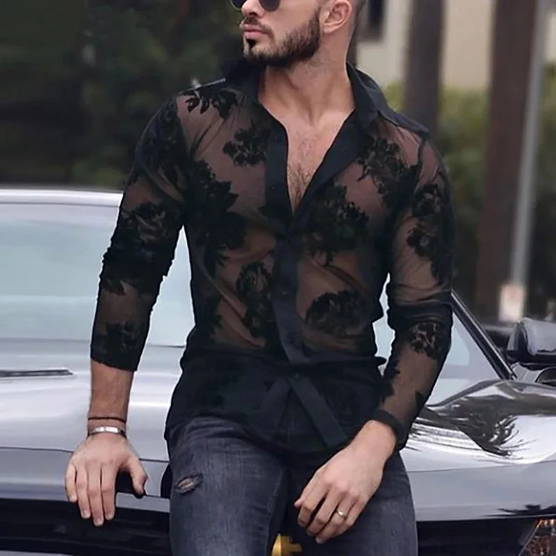 

2025 Fashion New Spring and Autumn Men's Breathable Lace Long Sleeve Mesh Shirt Transparent Party Sexy Mesh Trendy Shirt camisas