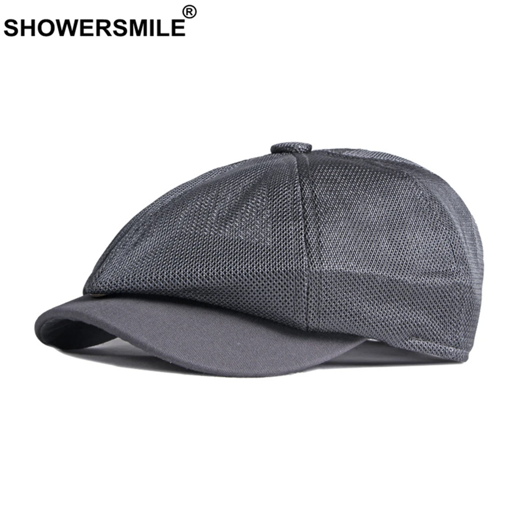 

SHOWERSMILE Gray Summer Newsboy Cap Men Breathable Mesh Flat Cap Solid Brand New Cabbie Driver Hat Retro Vintage Beret Black