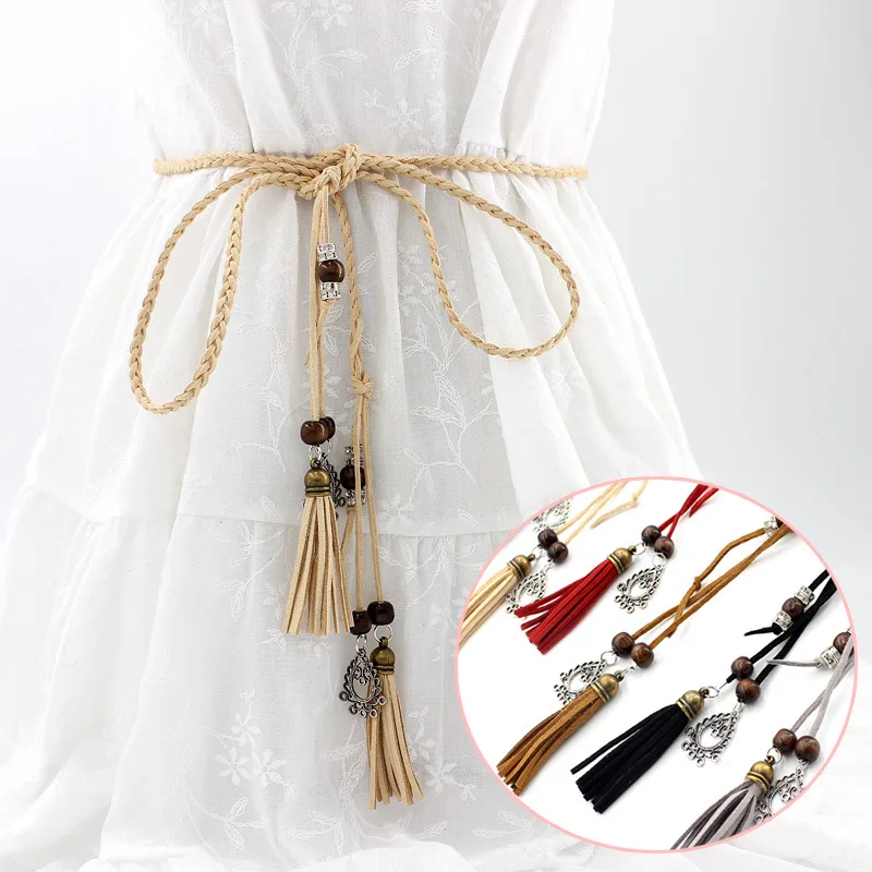 

Spring and Summer Retro Knot Rope Waist Pendant Skirt Belt Women's Ethnic Style Tassel Decorative Thin Belt One Piece of Hair