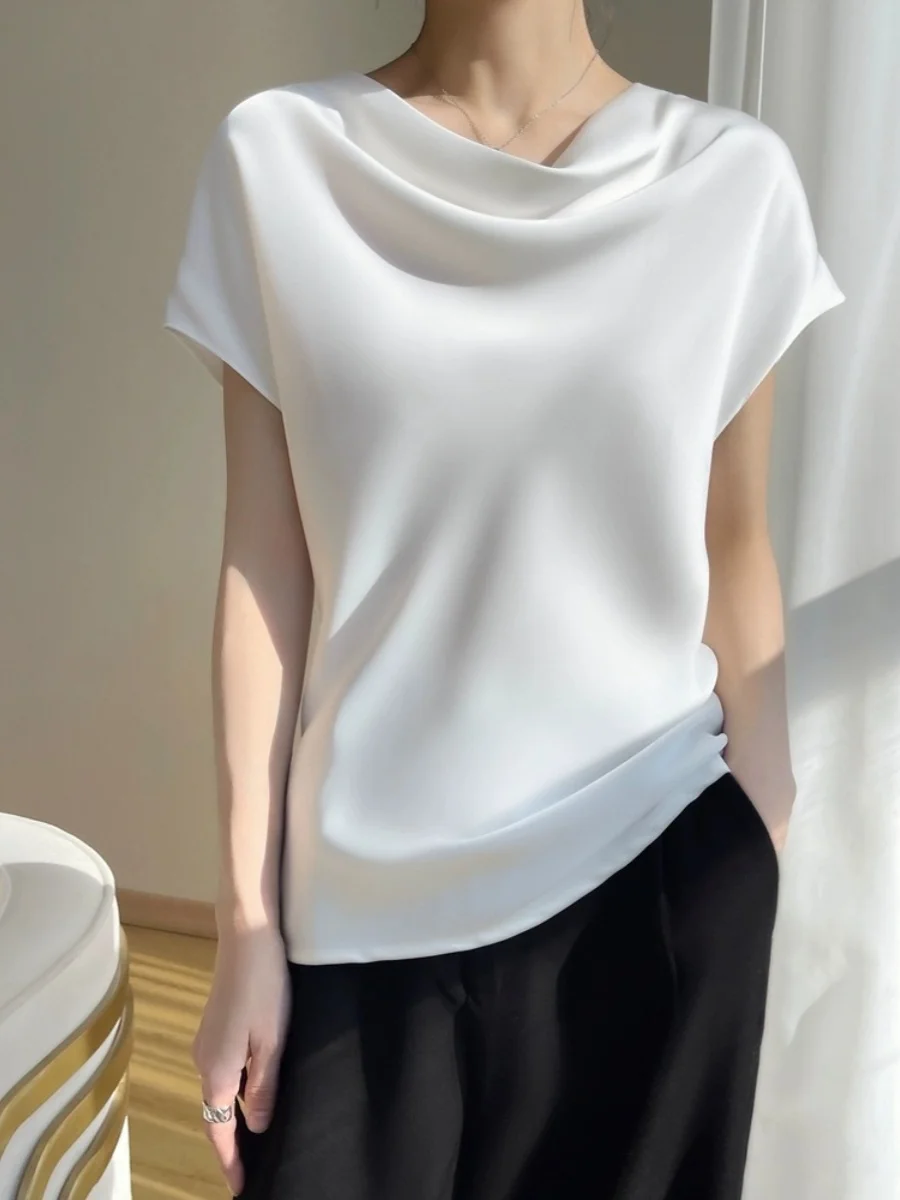 

Шелковая ацетатная атласная женская блузка с коротким рукавом, круглым вырезом, прямого кроя, в деловом стиле, весна 2024, однотонная рубашка