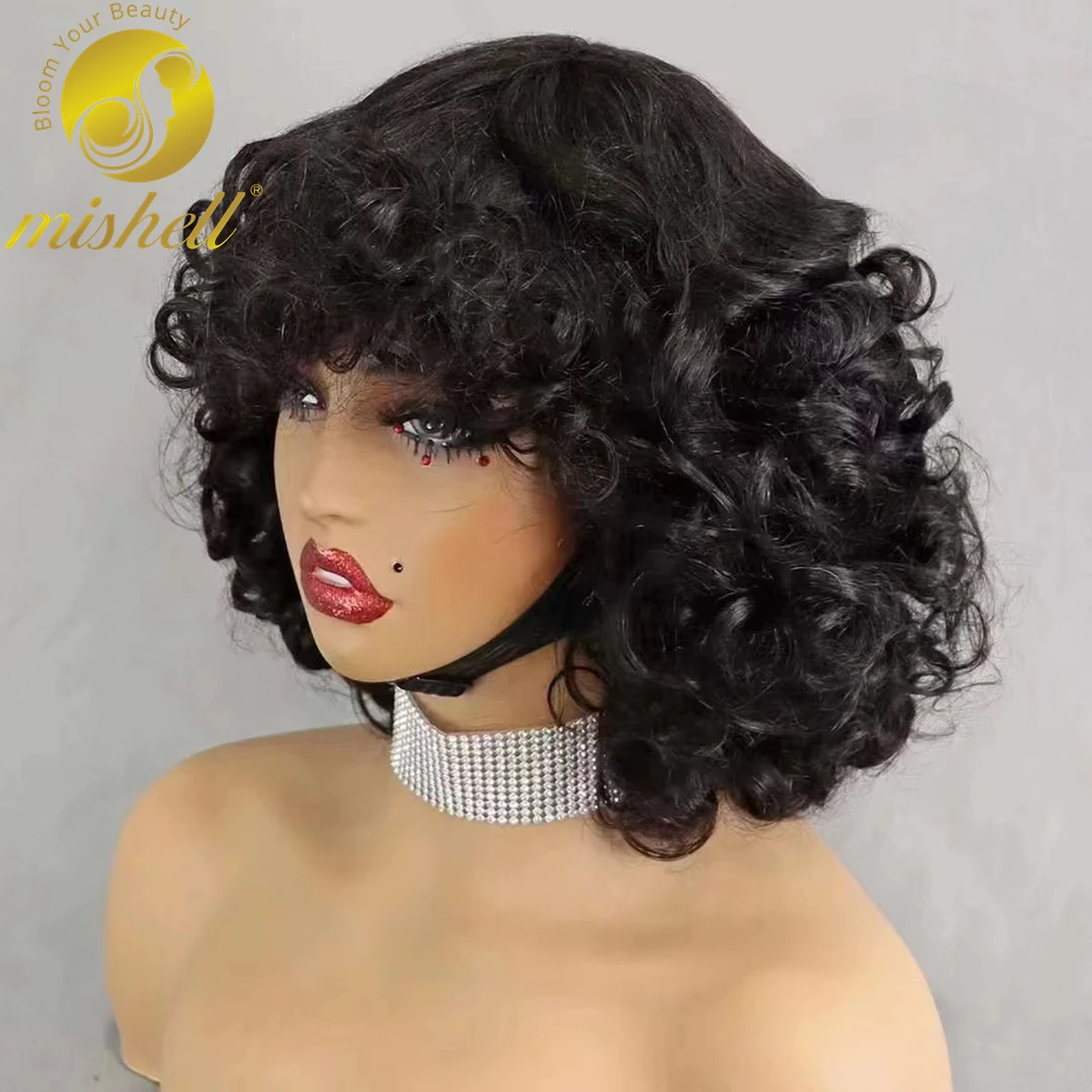 

200% Density Machine Made Bob Wigs with Bangs Short Natural Bouncy Curly Human Hair Wigs Preplucked with Baby Hair for Women