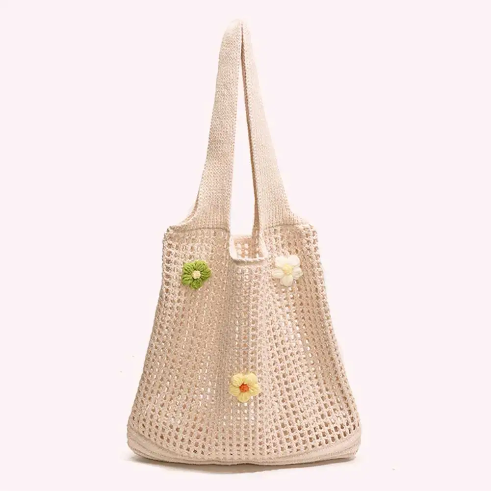 

Women Knitted Tote Bag Crochet Shoulder Bag Large Capacity Woven Hobo Bag with Flower Decor Casual Beach Bag Outdoor Travel Bag