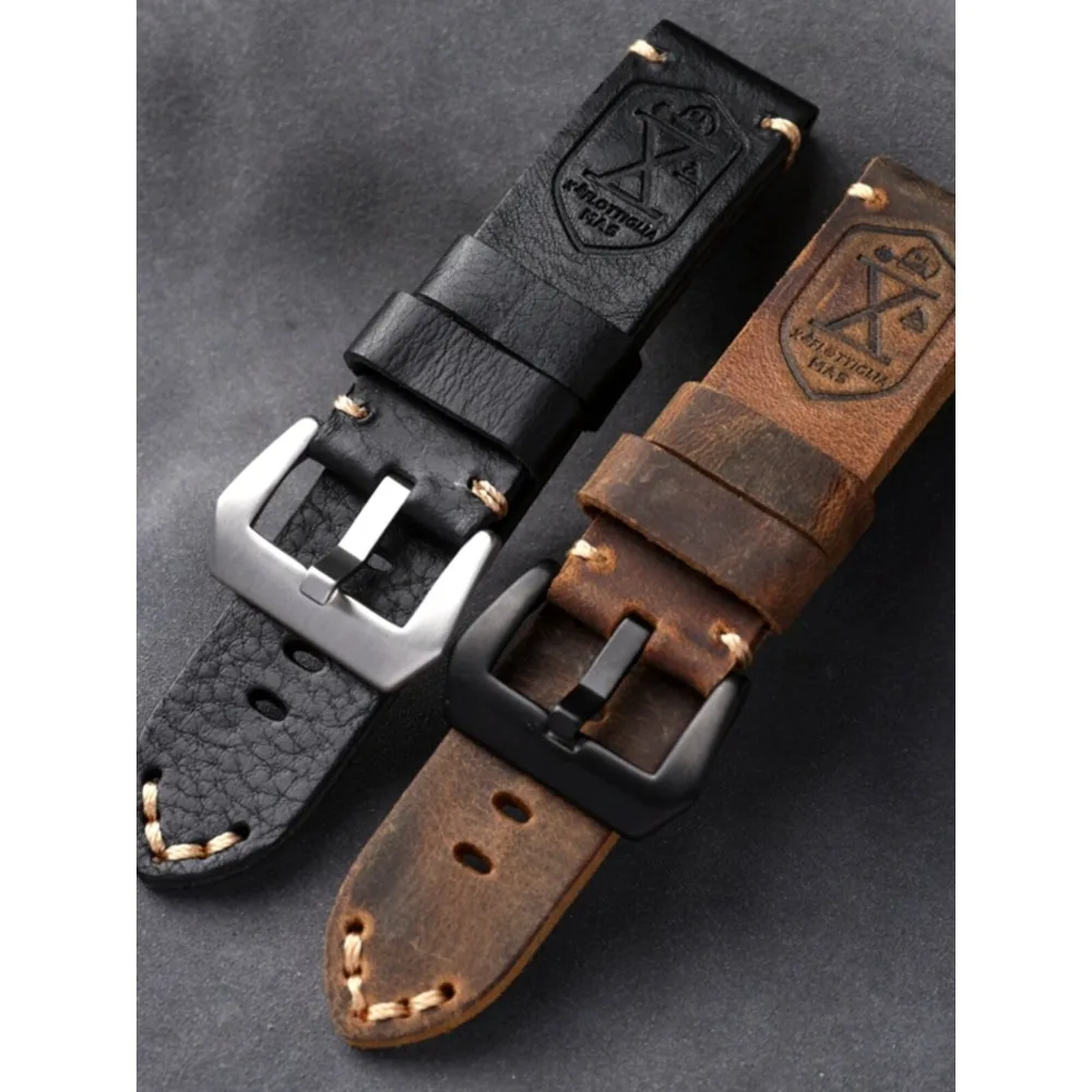 20mm 22mm 24mm Handmade Top Layer Cowhide Watch Band Thick Genuine Leather Strap Black Brown Vintage Men's Watch Bracelet