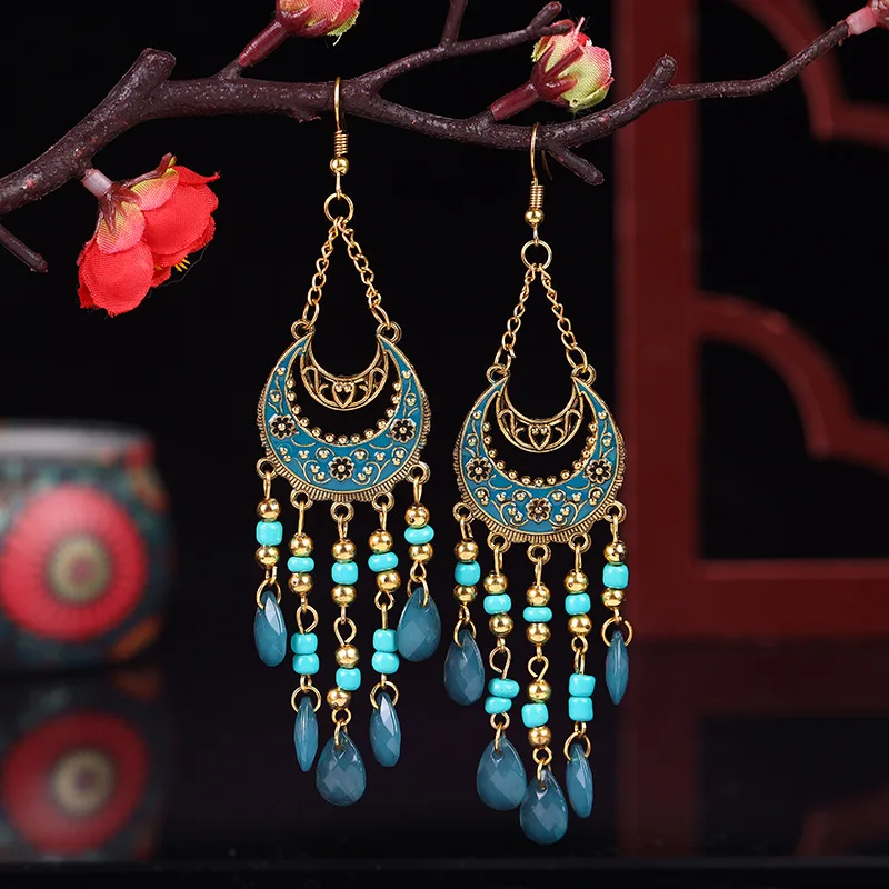 Bohemian Antik Gold Farbe Lange Wasser Tropfen Quaste Ohrringe für Frauen Vintage Bunte Geometrische Tropfen Baumeln Ohrringe Schmuck – Detail 28