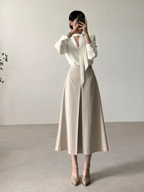 Chic V-Neck Sash Shirt Top And High Waist Pleated Skirt Set Women's Fashion Korean Style Spring Autumn Winter Outfit