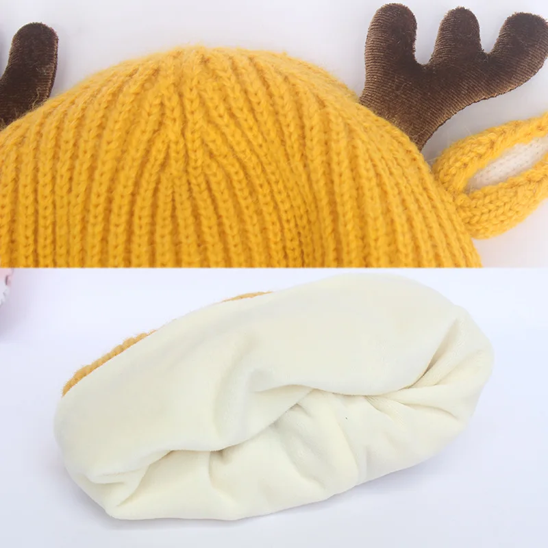 Cartoon Deer Baby Beanie Cap Solid Color Elk Antlers Knitted Hat for Toddler Boy Girl Autumn Winter Warm Kids Pullover Hats