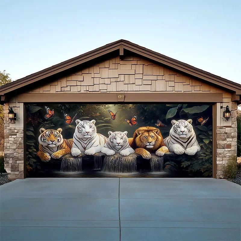 One banner of a wild animal - a tiger - with a realistic waterfall and butterfly background.