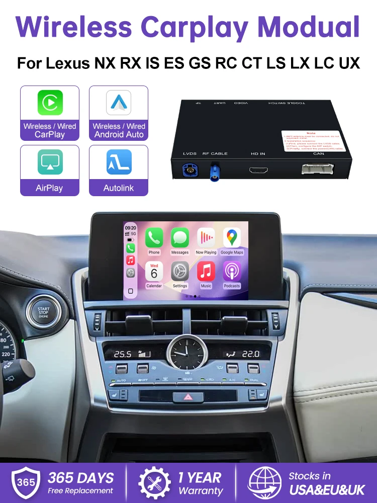 Kabelloses CarPlay Android Auto für Lexus NX RX IS ES GS RC CT LS LX LC UX GX 2014-2019 mit Mirror Link Airplay-Unterstützung Kamera Auto-Player