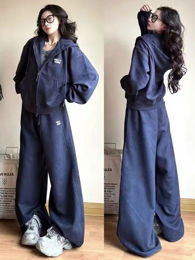 

plus Size Women's Casual Sportswear Set Hoodie Pants Two-Piece Suit Autumn Winter High Waist Long Pants Thickened Polyester