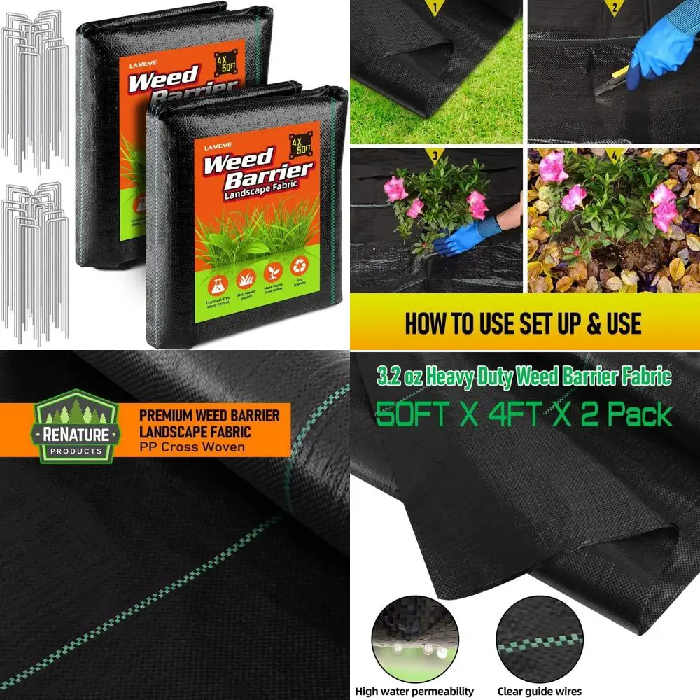 

100FT x 4FT Heavy-Duty Weed Barrier Fabric, 3.2 oz Garden Cloth with 30 U-Shaped Pegs for Landscape and Farming