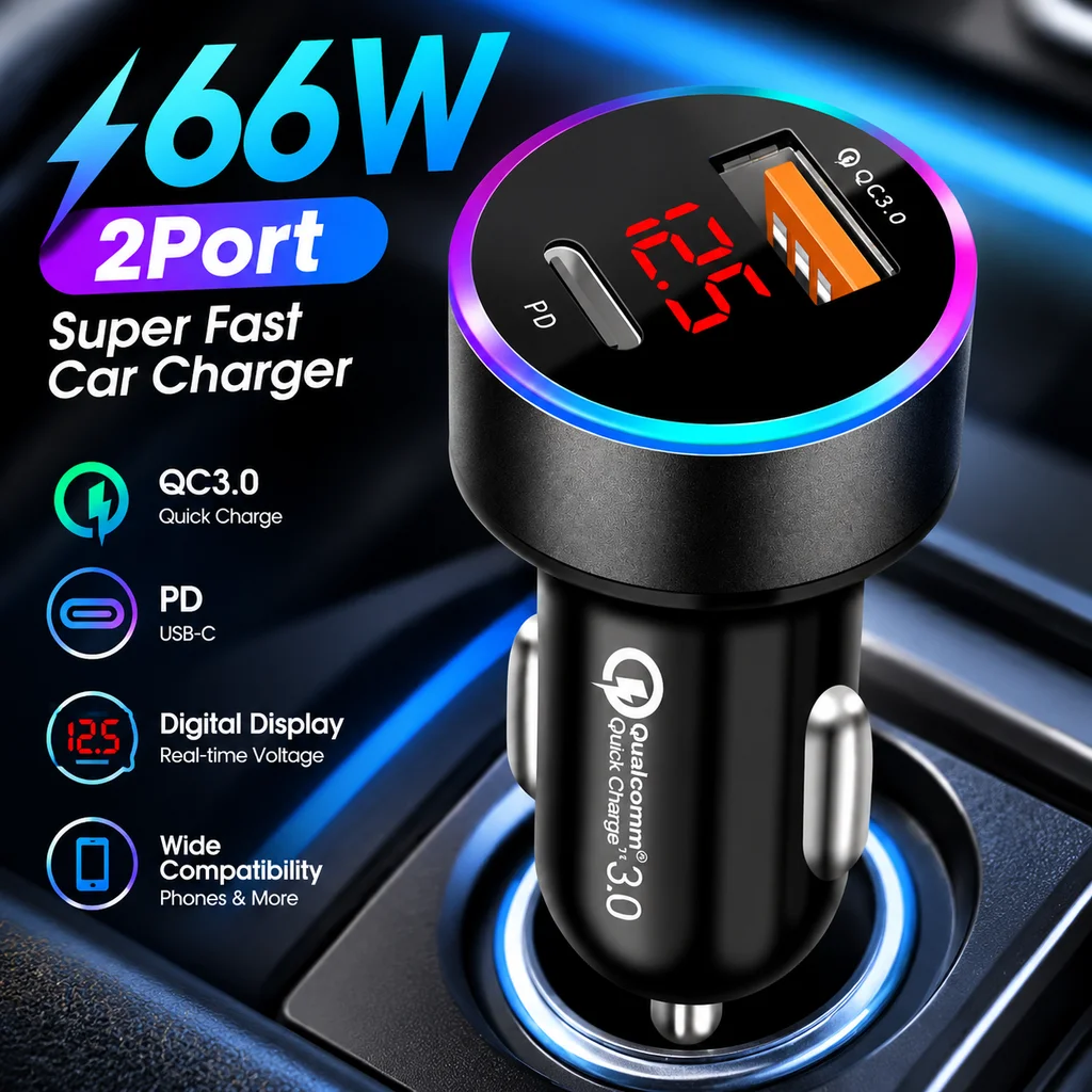 66W Car Charger Fast Charging USB Type C PD QC30 Cigarette Lighter Splitter Voltage Display Multi Port Vehicle Universal Adapter