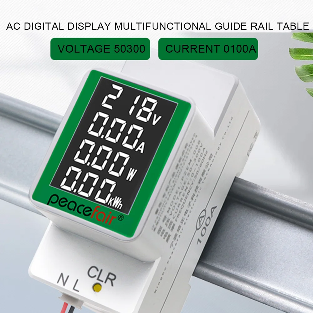 Peacefair meteran energi rel, pengukur ampere Meter elektronik Digital Multi, Voltmeter AC 50-300V 100A