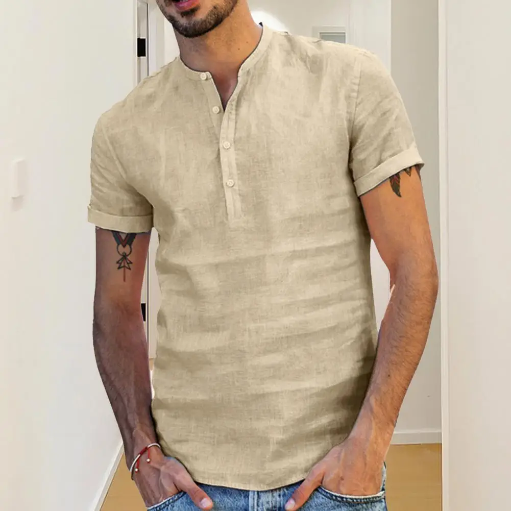 Men Summer Shirt Stand Collar Button Short Sleeves Thin Slim Fit V Neck Male Top Garment T-shirt Cotton And Linen Breathable