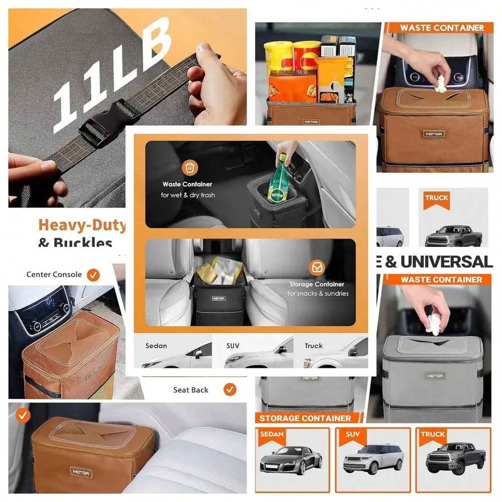 

Car Trash Can With Lid And Storage Pockets LeakProof Organizer, Waterproof Garbage Can, Multipurpose Trash Bin Car, 2 Gallons,