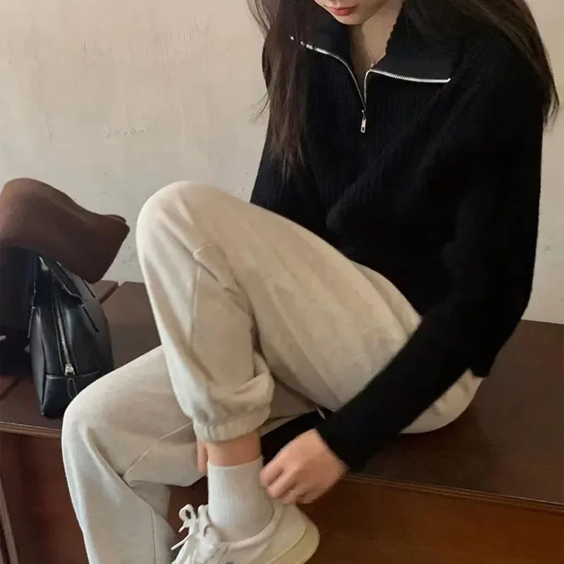 ニットセーター女性秋冬新厚み暖かいジッパージャンパー女性カジュアルシンプルな無地リブプルオーバー