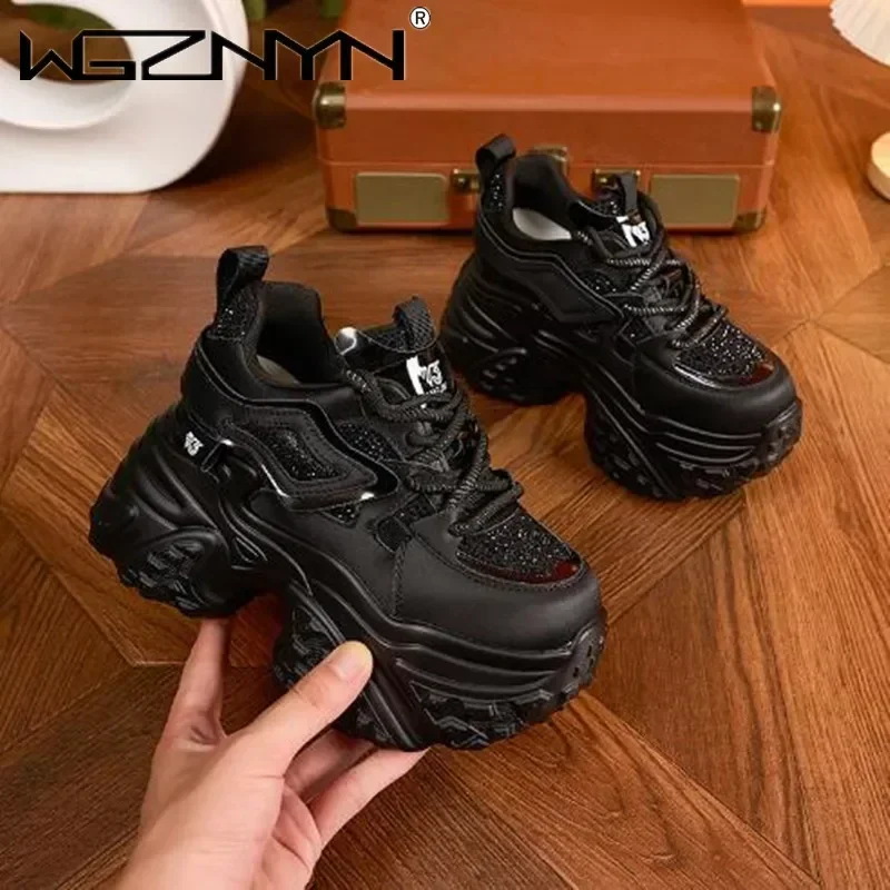 Spring Synthetic Genuine Leather 10cm Chunky Sneakers Women Comfortable Vulcanize Shoes NEW Bling Autumn Boots Mixed Color Shoes