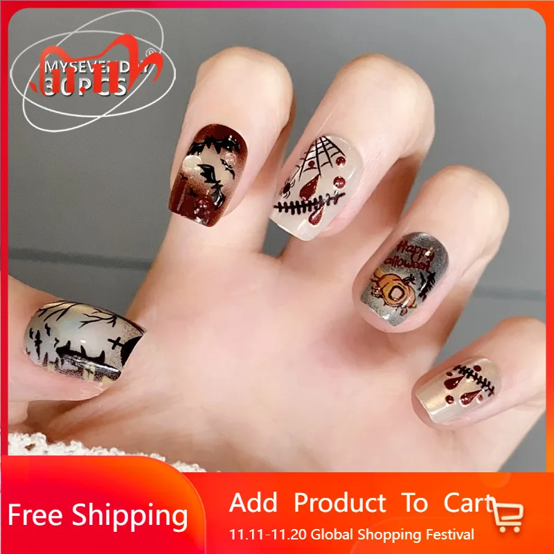 

10pcs Halloween Doodle Pumpkin Bat Press on Nails Simple Nails Full Cover Wearable False Nails