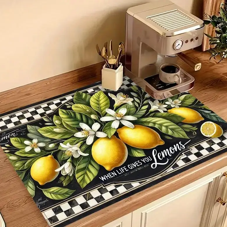 Estera de secado de platos de goma para encimera de cocina, almohadilla de café rápida lavable con limón grande para el hogar, apta para debajo del fregadero, Bar y utensilios