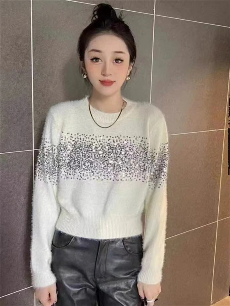 Colorfaith SW9300JX New 2024 Elegant Lady Chic Sequins Sweaters Vintage Korean Fashion Knitted Women Spring Winter Short Tops