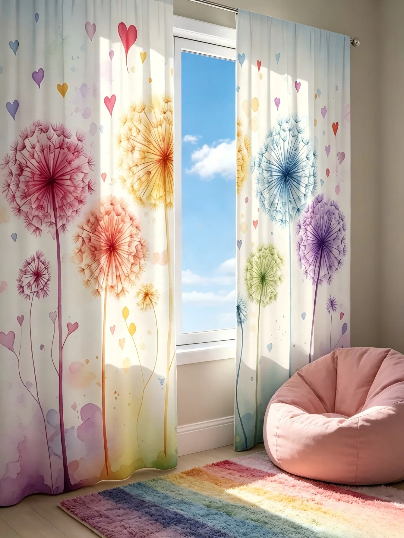 2PCS Digital Print  Curtain, Seven Color Dandelion, Rustic Farmhouse Window Treatment Drape for Bedroom Kitchen Decor