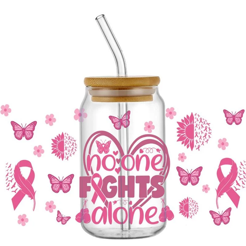 الوعي بسرطان الثدي ثلاثية الأبعاد UV DTF كأس يلتف نقل ملصقات الشريط الوردي تأكيد الأشعة فوق البنفسجية يلتف الشارات لزجاج ليبي 16oz