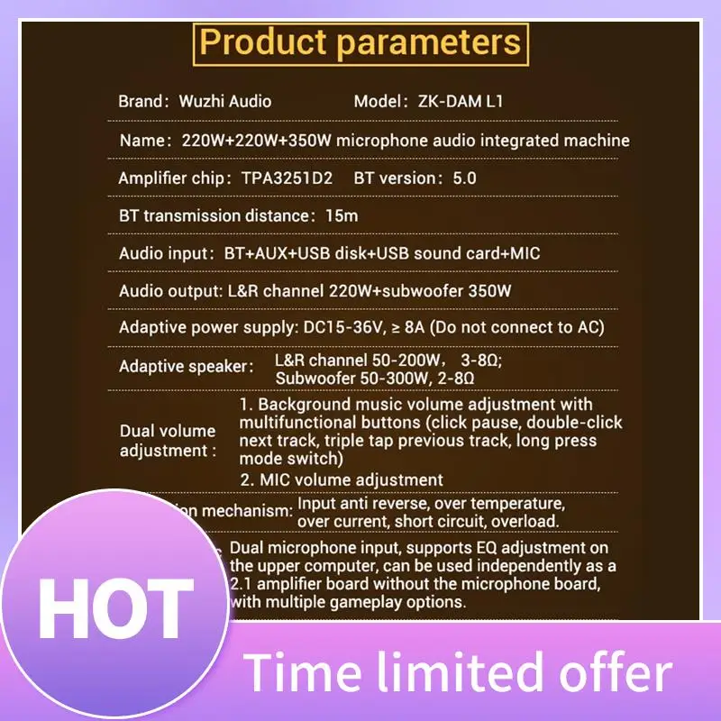 

ZK-DAM L1 Bluetooth Power Amplifier Board Stereo 2X220W+350W Bluetooth 5.0 Digital Power Audio Amplifier Module A