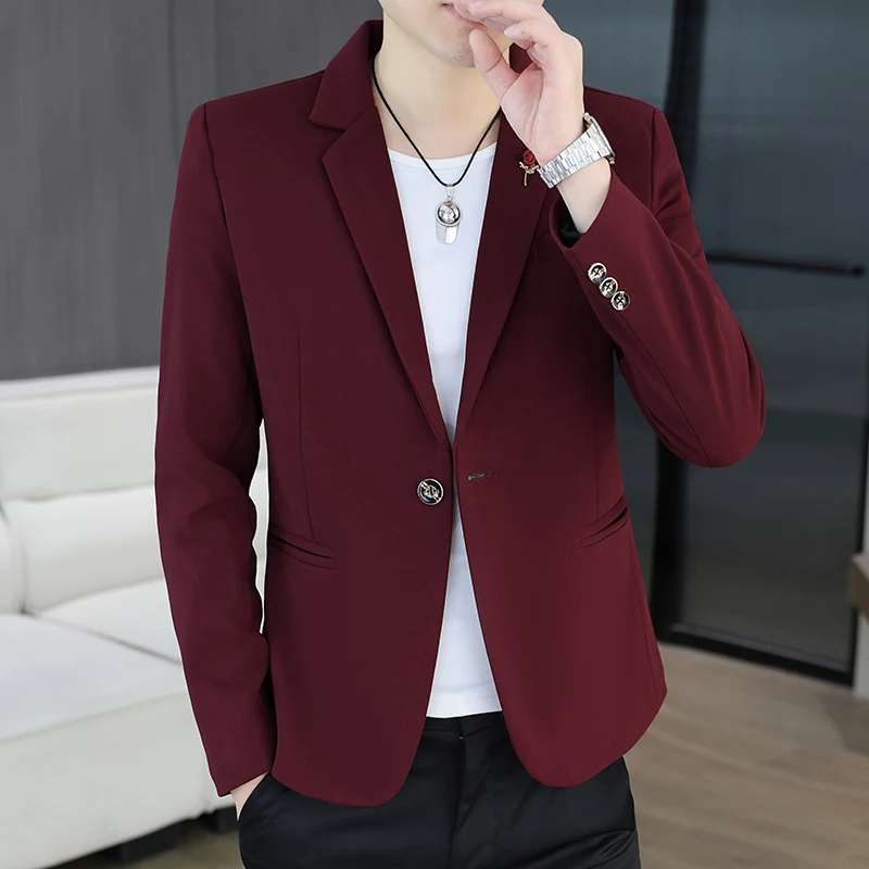 

Мужской пиджак Slim Fit однотонного цвета в корейском стиле, винно-красный, модный, весенне-осенний, новинка, элегантный, трендовый