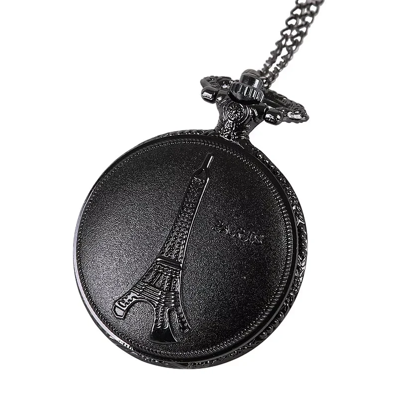 8822Large hot embossed iron tower classical pocket watch Retro black fine chain matte texture Eiffel Tower pocket watch