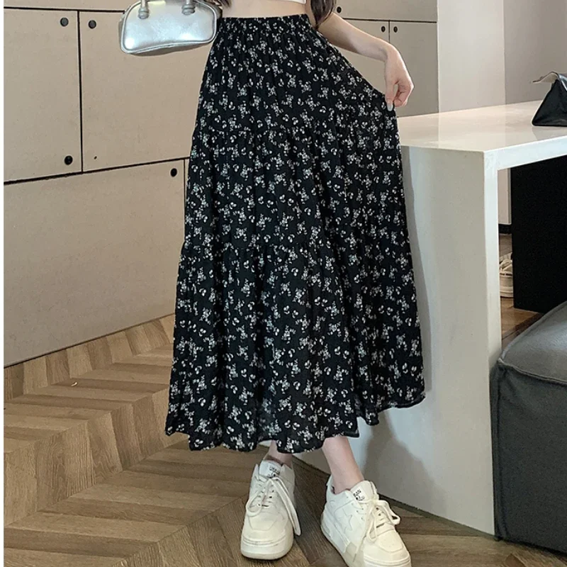 Korean Fashion Floral Print Skirt Women Summer New Elegant Black Long Skirt Female Retro A-line Drap Beach Holdiay Faldas Mujer