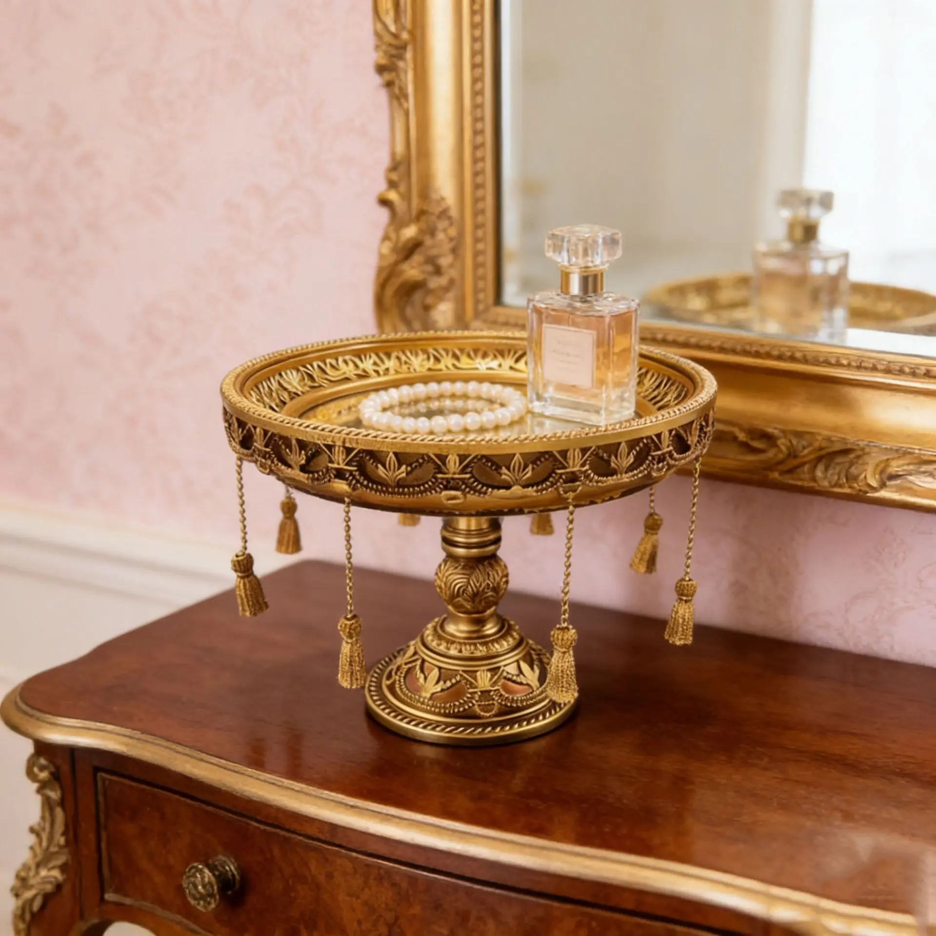 French vintage gold tray ornament, light luxury artistic desktop decoration for indoor candlelight photography scenes