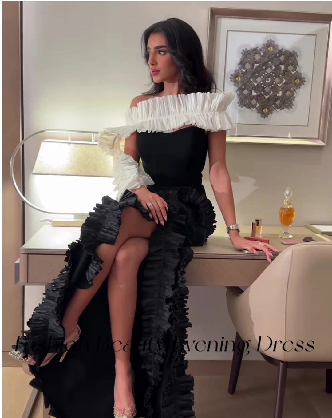 Fashion Beauty Black Evening Dresses Strapless High Slit Tiered Ruched Ruffles New Party Gown For Women 2024 vestidos de noche