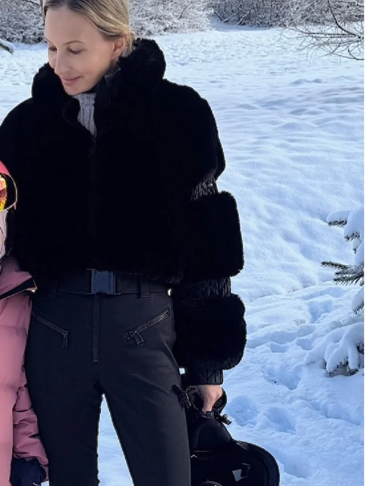 20205 New Snow Sportwears Suits For Women Faux Fur Spliced Jumpsuit Adjustable Warm Jacket Pan Outdoor Ski Sportswear Outfits