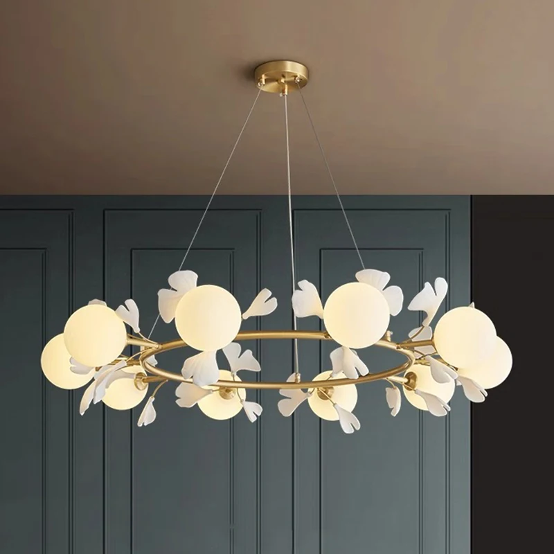Gingko Orb Chandelier Nordic Ceramic Ginkgo Leaf LED Pendant Light for Dining Room Bedroom Living Room Indoor Lamp Fixture
