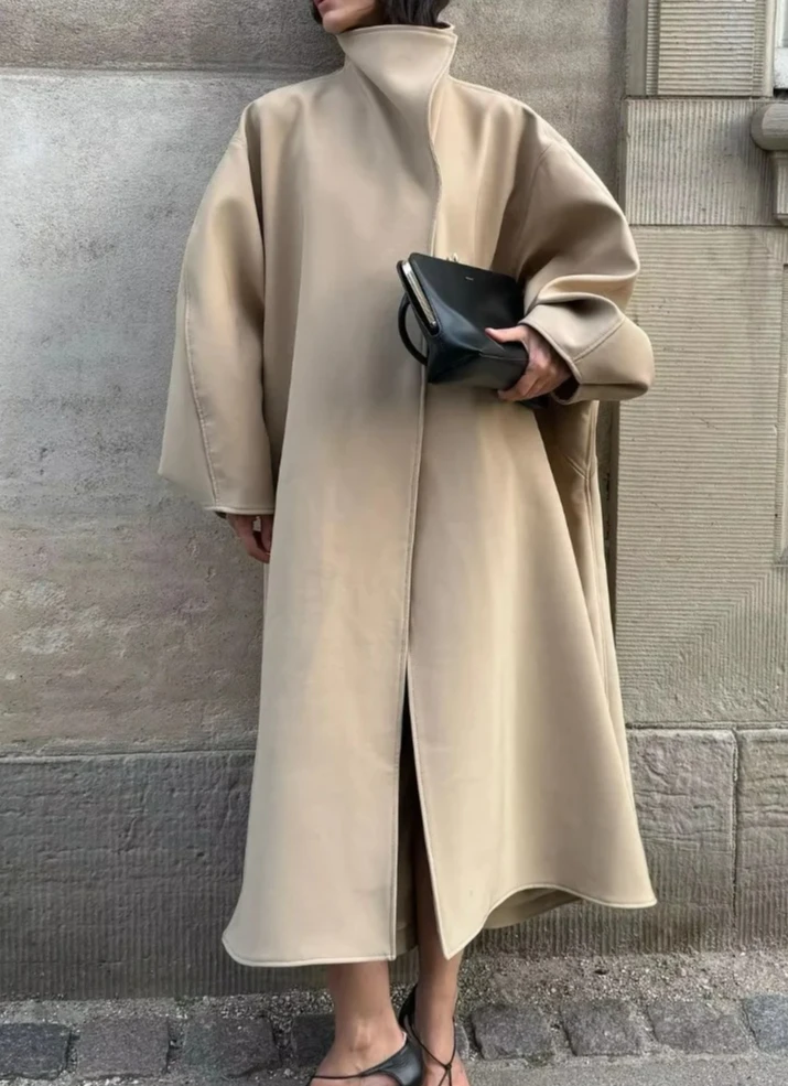 سترة واقية سيدة الخريف Highstreet JacketFashion الكاكي طويل خندق معطف المرأة عادية التلبيب الوقوف طوق واحدة الصدر فضفاضة #6