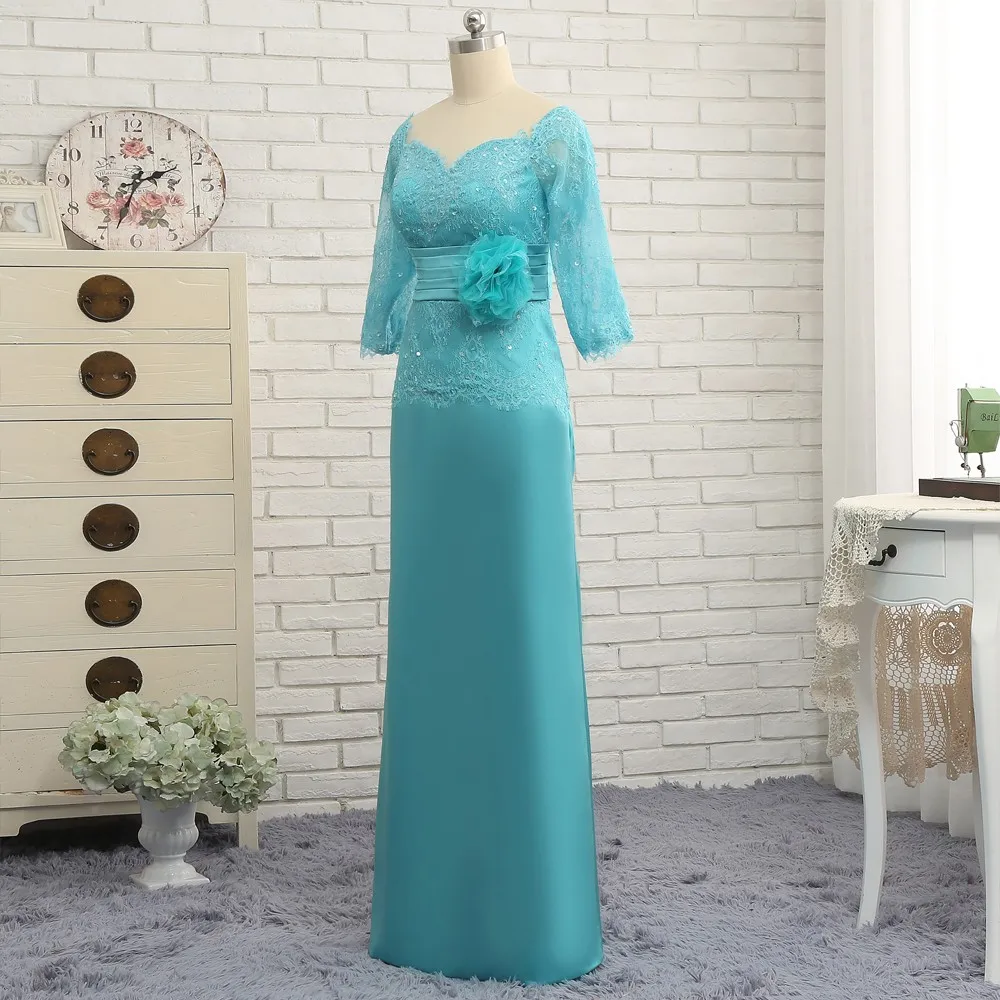 Turquoise Mother Of The Bride Dresses A-line 3/4 Sleeves Chiffon Lace Beaded Plus Size Long Groom Mother Dresses For Wedding