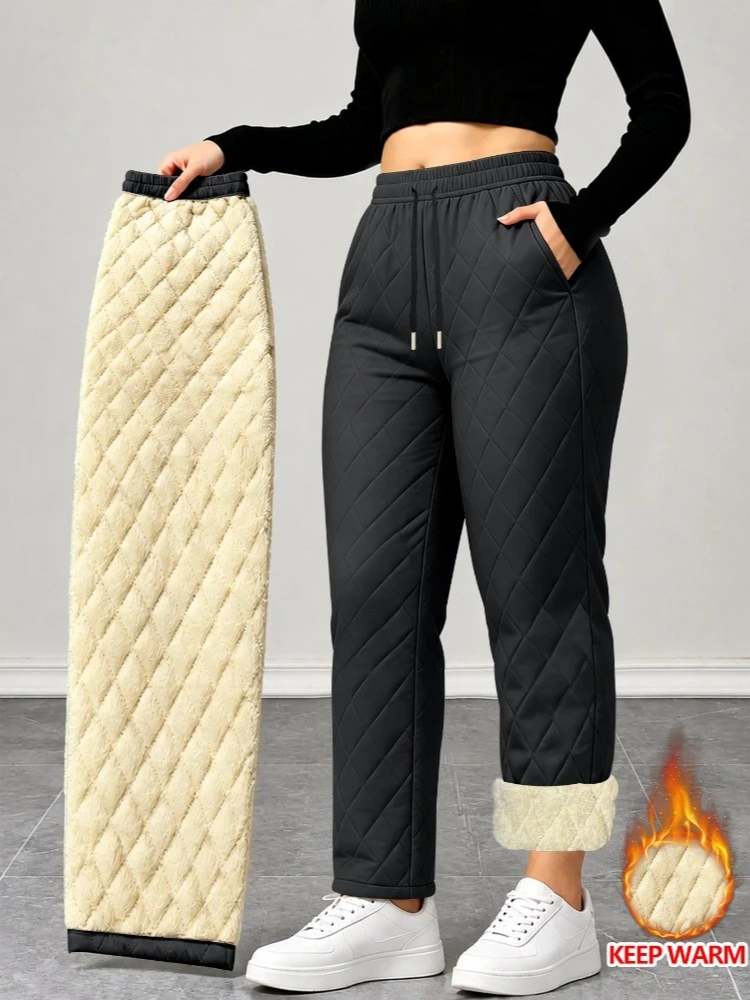 2026 Winter Warm Women's Pants Casual Lined Thickened Fashion Versatile Style with Elastic Waist and Drawstring for Daily Wear